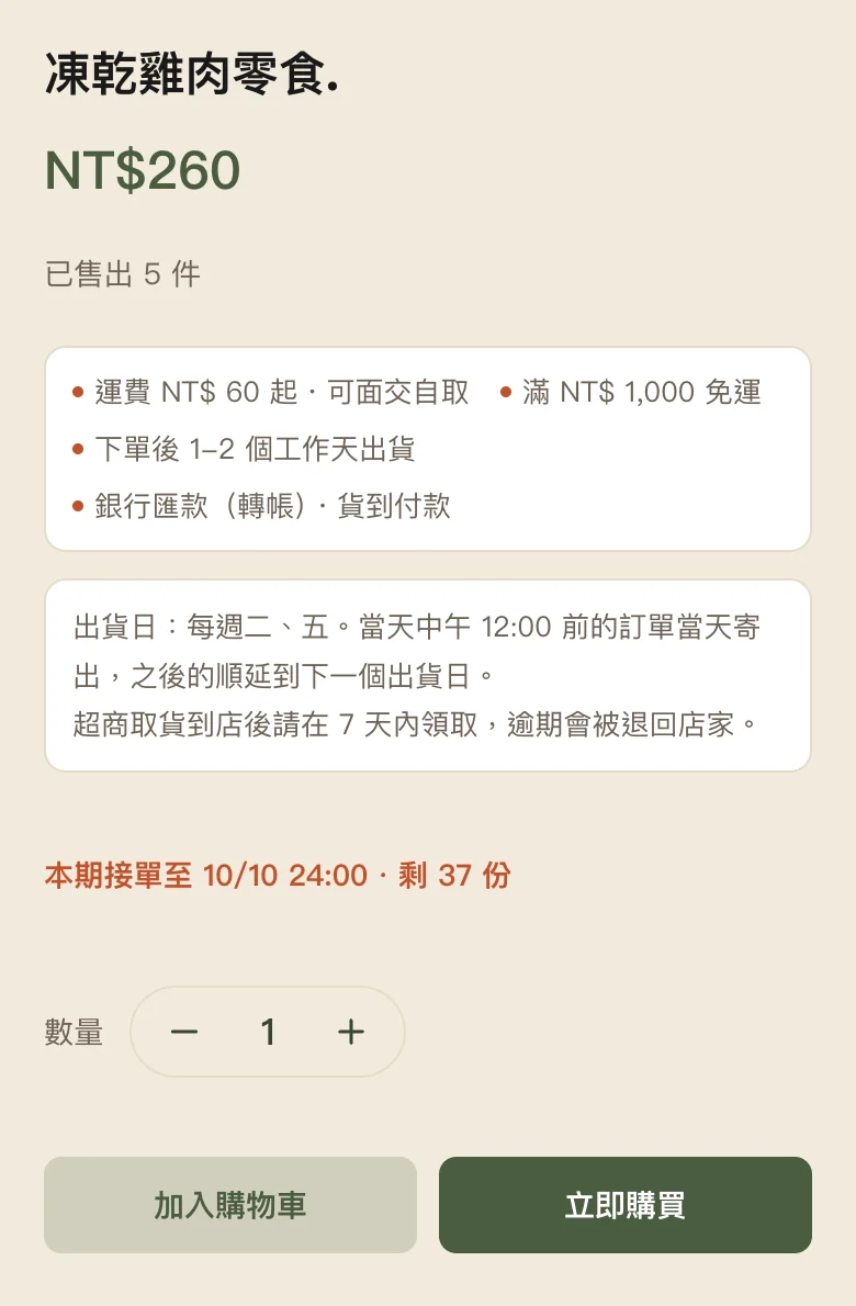 接單中的商品頁（手機）：「本期接單至 10/10 24:00・剩 37 份」，下方可以加入購物車